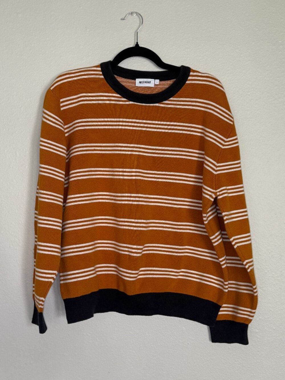 Weekday Johan Striped Sweater Large L Orange Navy White Knit Crewneck Pullover